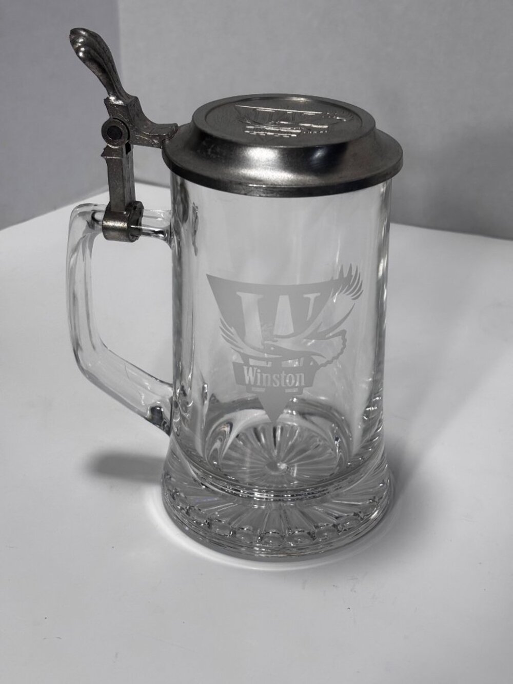 Winston Weekends Glass Stein With Hinged Pewter Lid Embossed Logo Vintage 90s